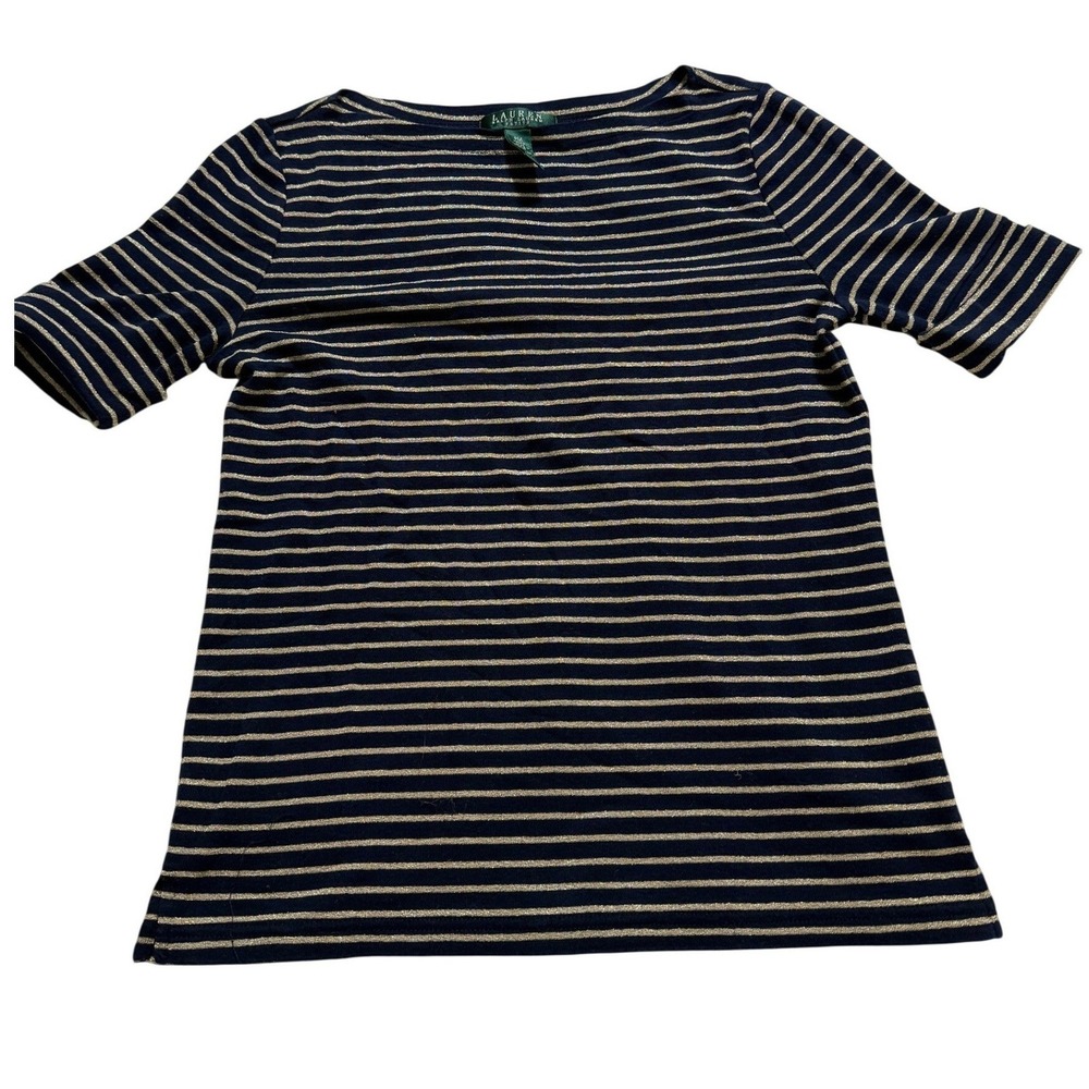 Lauren Ralph‎ Lauren Striped Sweater Womens PM Navy Gold Metallic Cuffed Sleeve